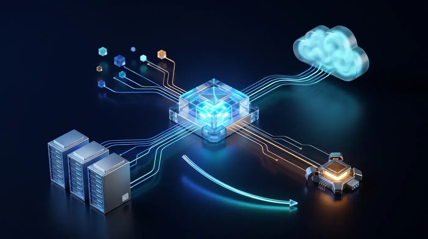 3D diagram of data flowing from on-premises servers and cloud through a glowing central routing engine out to an edge AI processor — Zetaris TCO Machine